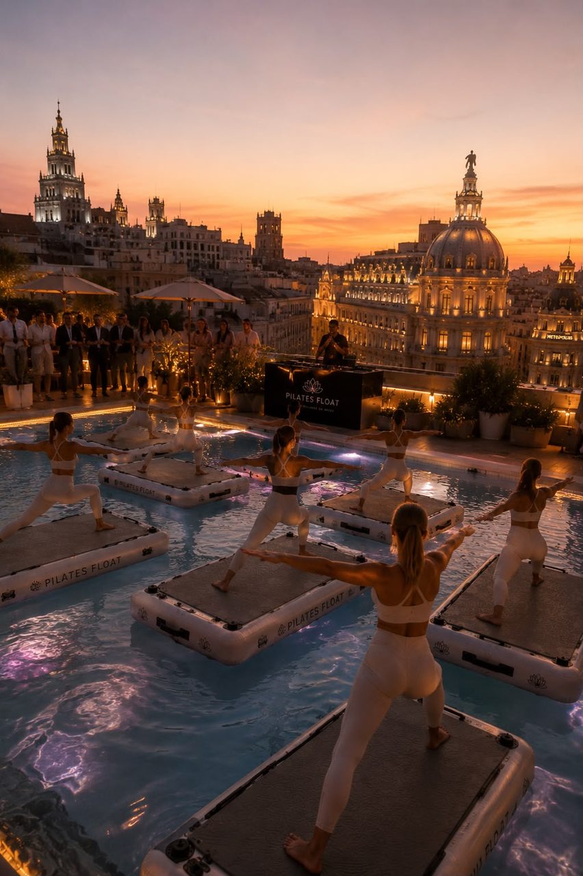 A rooftop pop-up floating Pilates event at dusk